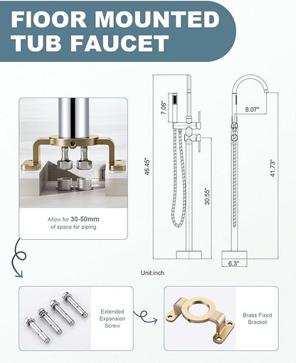 Freestanding Tub Filler Faucet Chrome: High Flow Brass Floor Mount Bathtub Filler, Swivel Gooseneck Spout with Single Handheld Sprayer for Bathroom Shower