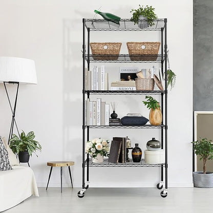 Storage Shelves 75"H Wire Shelving Unit with Wheels 1750LBS Heavy Duty Metal Shelves for Storage Adjustable 5-Tier Garage Storage Rack Kitchen Pantry Shelves Rolling Shelf on Casters, 14"D x36"W x75"H