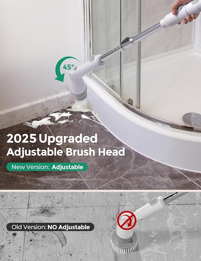 kHelfer Electric Spin Scrubber, Cordless Shower Scrubber with Long Handle, 8 Replacement Heads, 1.5H Bathroom Scrubber Dual Speed, Shower Cleaning Brush with Extension Arm for Bathtub Tile Floor