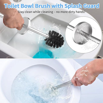 Stainless Steel Toilet Brush and Holder Set Brushed Silver Heavy Duty Toilet Bowl Brush with Long Handle for Bathroom and Farmhouse