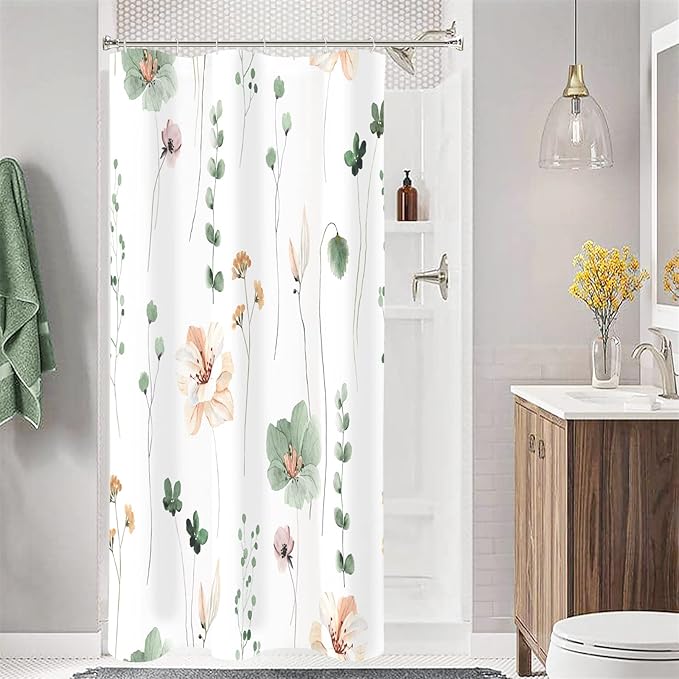 Gibelle Small Stall Shower Curtain 36 x 72, Narrow Half Watercolor Floral Fabric Shower Curtain, Sage Green Beige Flower Decorative Bathroom Shower Curtain Set