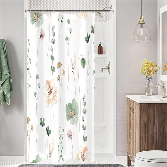Gibelle Small Stall Shower Curtain 36 x 72, Narrow Half Watercolor Floral Fabric Shower Curtain, Sage Green Beige Flower Decorative Bathroom Shower Curtain Set