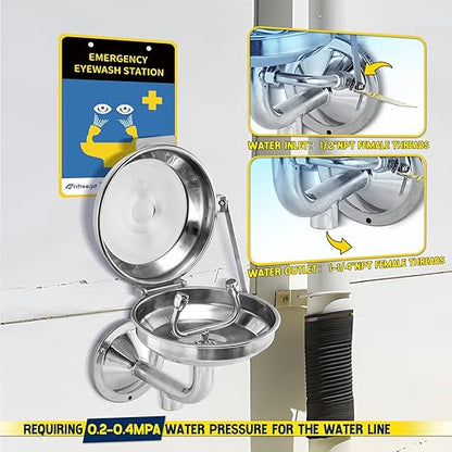 Eye Wash Station with Cover, Wall Mount Eyewash Station OSAH Approved, Stainless Steel Plumbing Eye Washing Unit, with Dual Spray & Mirror, NPT Threaded, Industrial& Commercial Grade Eye Wash Station