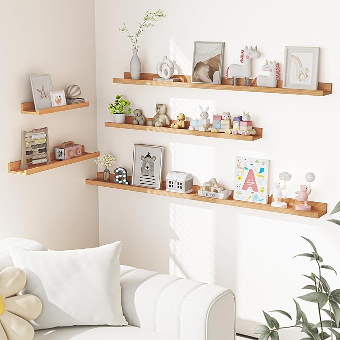 Heimlove Picture Ledge Shelf, Small Floating Shelves Set of 2, 16 Inches Picture Shelf for Wall with Ledge, Kids Bookshelf Wall Mounted for Living Room Bedroom Decor Books Photo Frames, Oak