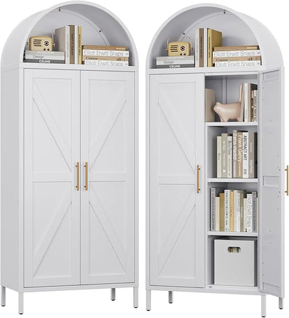 Kitchen Pantry Cabinet, Metal Arched Storage Cabinet with Doors and Adjustable Shelves, Farmhouse Cupboard for Dining Room, Living Room, Bathroom(White
