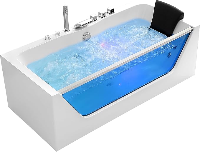 Empava 67 in. Acrylic Alcove Whirlpool Bathtub - Hydromassage Rectangular Jetted Soaking Tub with Center Drain - Waterfall Faucet