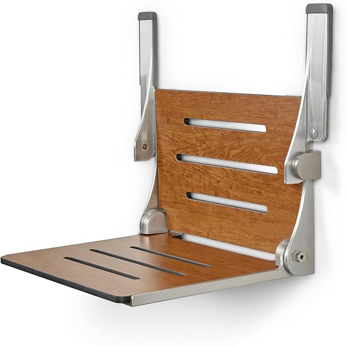 Seachrome Silhouette Comfort Folding Wall Mount Shower Bench Seat with Arms, Rustic Teak Seat with Silver Frame