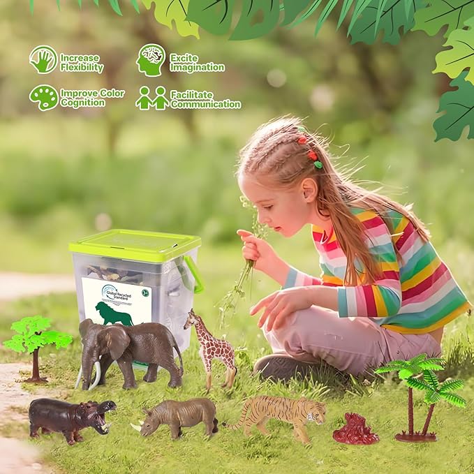 10 Big Realistic Safari Animal Toys for Kids 3-7, Jungle Figures Set with 12 Accessories & Storage Bucket, Educational Plastic Toys