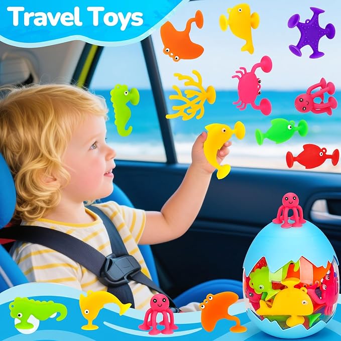 Toddler Suction Cup Bath Toys, Ocean Animal Bath Toys for Kids Ages 1-3 3-5 4-8 Mold Free Bathtub Window Building Toys Christmas Stocking Stuffers for 2 3 4 5 Year Old Boys Girls Birthday Gifts