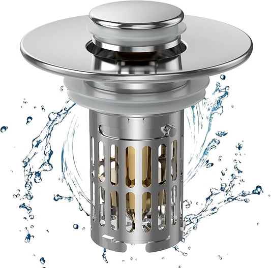 Bathroom Sink Drain Strainer, Pop Up Sink Drain Filter with Removable Stainless Steel Filter Basket Hair Catcher, Sink Drain Strainer, for Us Bathroom Sink Stopper Replacement