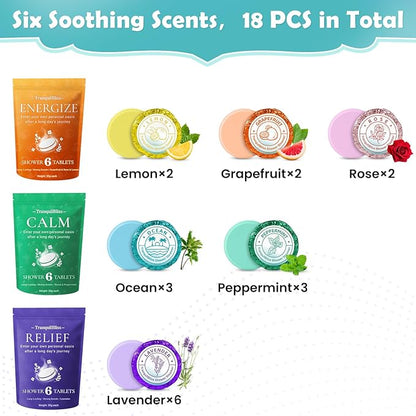 TranquilBliss 18 Pack Shower Steamers with 6 Smoothing Long-Lasting Scents, Shower Bath Bombs with Natural Fragrance, Self-Care and Relaxation Presents for Women and Men
