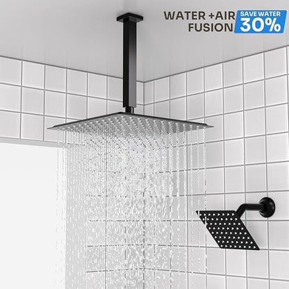 Enga Dual Head Shower System with Body Jets (Eco-Performance) 12 Inch Ceiling Mount Shower Head with 6 Inch Wall Mount Shower Head Shower Faucet Set, Matte Black