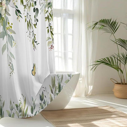 No Hook Shower Curtain and Liner Set, Sage Green Eucalyptus Floral Shower Curtains for Bathroom, Bath Curtain Sets with Snap in Liner, Waterproof with See Through Top Window, 71x77 Inches