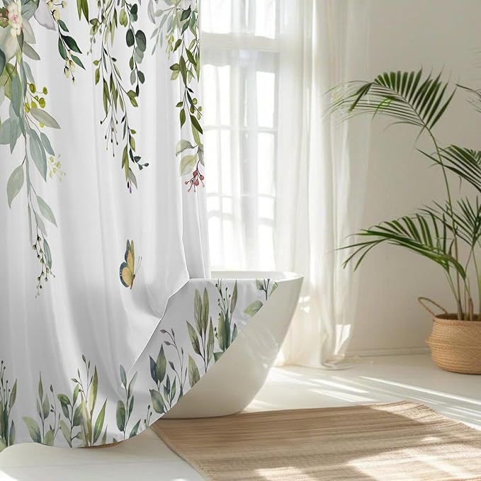 No Hook Shower Curtain and Liner Set, Sage Green Eucalyptus Floral Shower Curtains for Bathroom, Bath Curtain Sets with Snap in Liner, Waterproof with See Through Top Window, 71x84 Inches