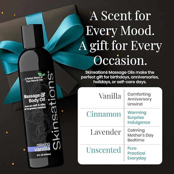 Sweet Vanilla Body & Massage Oil by Skinsations – Lightweight, Non-Greasy Body Oil for Relaxing Home Massage & Moisturized Skin – 16oz