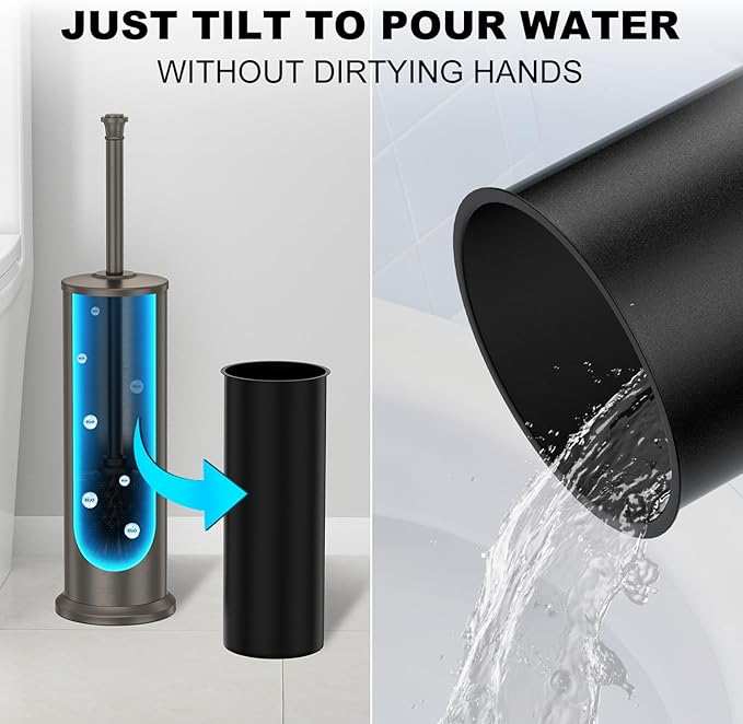 Pewter Toilet Brush and Holder，Extra Long Handled Toilet Brush for Bathroom，Stainless Steel Heavy Duty Toilet Bowl Brush,Removable Inner Bowl,Deep Cleaning Dense Bristles Cleaner Brush -Space Saving