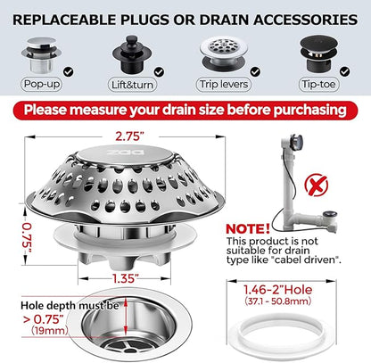 zaa Bathtub Drain Stopper, Upgraded 2in1 Tub Stopper Bathtub Drain Cover and Hair Catcher, Pop Up Bathtub Drain Plug, Replaces Lift & Turn, Tip-Toe or Trip Lever, for 1.46-2" W Drain Hole, Silver