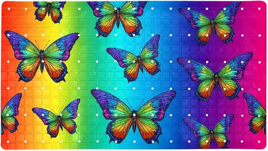 Bath Tub and Shower Mats, Non Slip Bathmat with Drain Holes and Suction Cups for Bathroom Floor, 15.1 x 26.8 Inch (Colorful Butterflies on Vibrant Gradient Background)