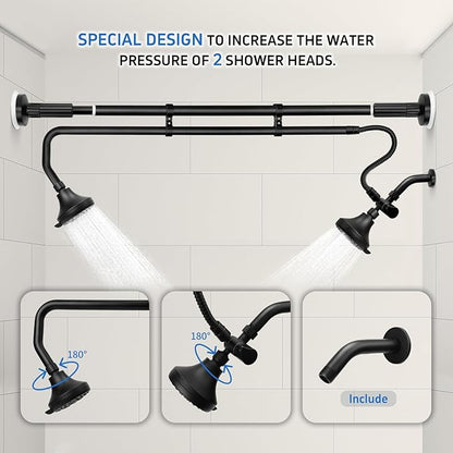 Tandem Shower Heads, Double Shower Head for Couples, Dual Shower Head System for Two People, High Pressure and Adjustable Double Shower Heads (Black)