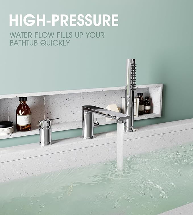 Modern Chrome Roman Tub Faucet with 360° Rotated Spout, Deck Mount Bathtub Faucet with Hand Shower, Widespread 3 Holes Bath Tub Filler Faucet Rough In Valve Included (Chrome)