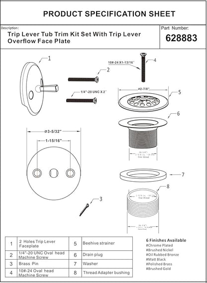 Artiwell Trip Lever Tub Trim Kit Set with Trip Lever Overflow Face Plate, Trip Lever Bathtub Drain with Strainer, Overflow and Matching Screws (CHROME PLATED)