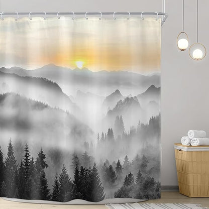 Riyidecor Misty Mountain Shower Curtain 72Wx72H Inch Black Sunrise Foggy Woodland Greenery Smokey Scenery Tree Nature Pine Scenic Rustic Bathroom Decor Fabric Polyester Waterproof 12 Pack Hooks