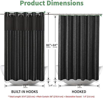 No Hook Extra Long Shower Curtain Set with Snap-in Liner,Linen Textured Thick Striped Fabric with Tassels,Boho Chic Modern Farmhouse Bathroom Curtain,Water-Repellent,Black,71x86