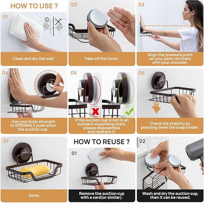 LEVERLOC Soap Dish, Soap Bar Holder for Shower Suction Cup Wall Mounted, Stainless Steel No-Drilling Removable Waterproof Sponge Holder for Bathroom Bathtub Kitchen Sink, Keep Dry, Brown