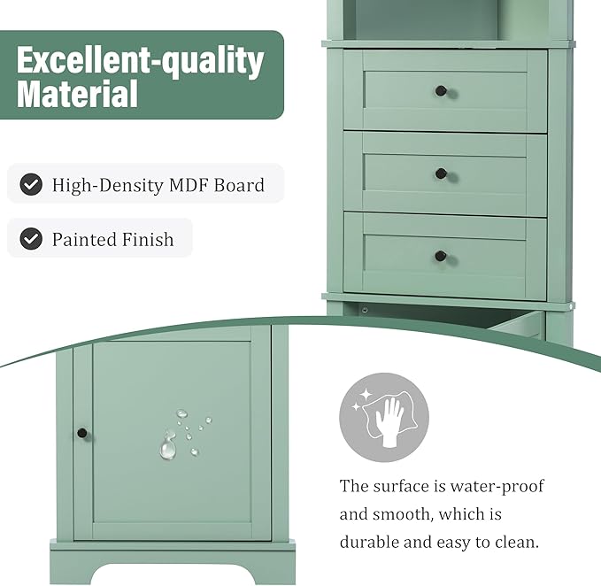 Favfurish 69" Tall Corner Cabinet with Door and 3 Drawers,Modern Bathroom Storage Cabinets w/Adjustable Shelves,Freestanding Organizer for Bathroom,Kitchen,Living Room,Dining Room,Green
