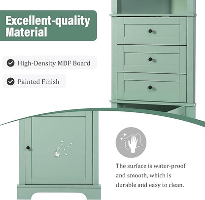 Favfurish 69" Tall Corner Cabinet with Door and 3 Drawers,Modern Bathroom Storage Cabinets w/Adjustable Shelves,Freestanding Organizer for Bathroom,Kitchen,Living Room,Dining Room,Green