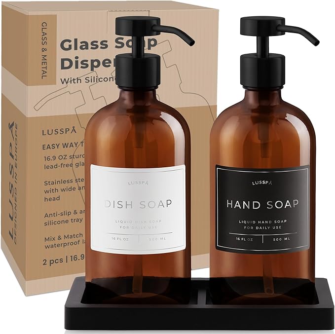 Lotion, Hand & Dish Soap Dispenser for Kitchen Sink - Bathroom Soap Dispenser Set of 2 16.8 Oz Glass Bottles with Stainless Steel Pump, 15 Water Proof Labels & Silicon Tray (Amber/Black)