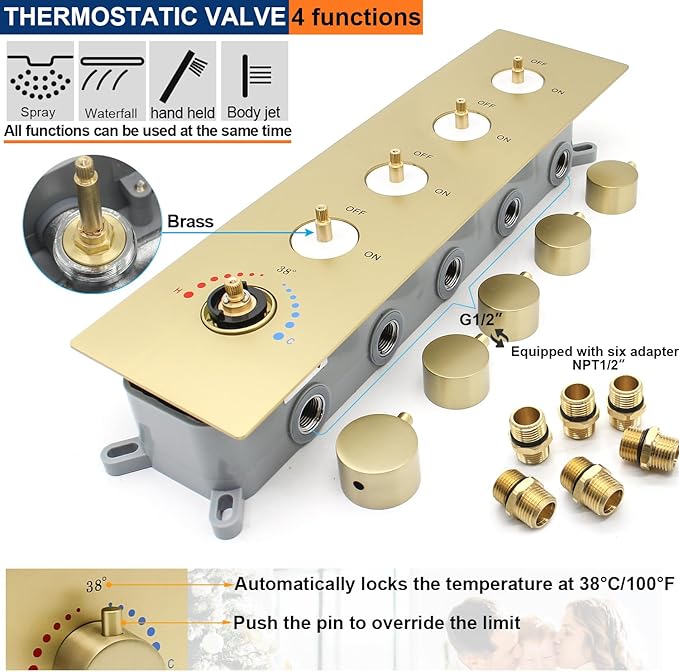 Multi Full Body Thermostatic Luxury Spa Shower System And 14x20 Inch LED 4 Functions Faucet Set, Rainfall Spray Waterfall Can Be Turned On Simultaneously,Brushed Gold