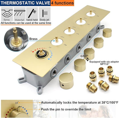 Multi Full Body Thermostatic Luxury Spa Shower System And 14x20 Inch LED 4 Functions Faucet Set, Rainfall Spray Waterfall Can Be Turned On Simultaneously,Brushed Gold