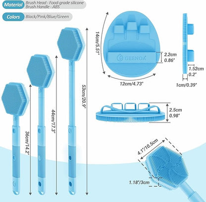 Silicone Back Scrubber & Soft Bath Glove 2PCS, 16''- 21''Extendable Back Scrubber with Dual-Side Large Head, 360° Anti-Slip Hand-fit Silicone Body Scrubber for Rich Foaming Deep Cleaning(Blue)
