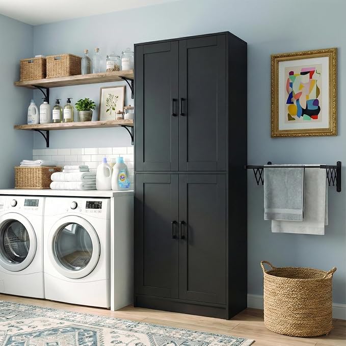 71" Tall Kitchen Pantry Cabinet, Freestanding Food Storage Organizer with Doors & Adjustable Shelves, Large Utility Hutch Cupboard for Dining Room, Living Room, Bathroom & Home Offic, Black