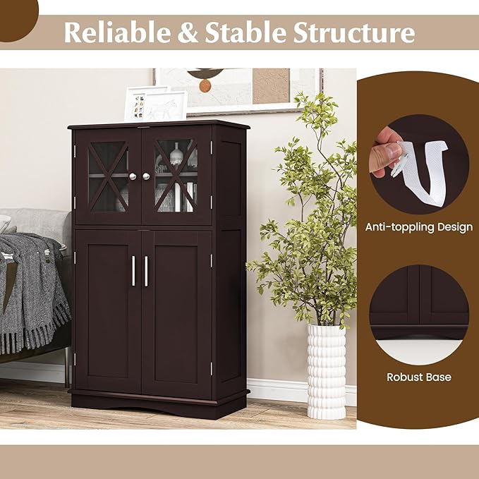 Tangkula Freestanding Floor Cabinet w/2 Glass Doors, 3-Level Adjustable Shelves, Anti-toppling Design, Kitchen Pantry Cupboard for Bathroom, Living Room (Brown)