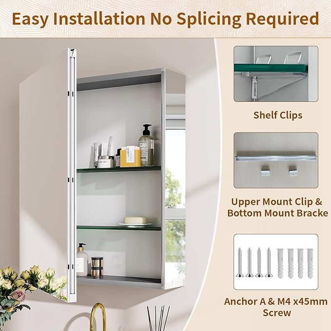 BEAUTYPEAK 20 x 24 Inch Medicine Cabinet with Mirror, Wall Mounted Bathroom Mirror Cabinet, Medicine Cabinet Mirror with Storage & Adjustable Shelves