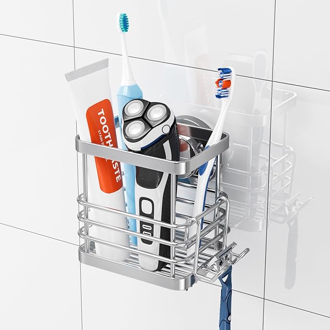 TAILI Patented Suction Cup Toothbrush Holder, Stainless Steel Anti-Puddling Shower Toothbrush Holder, No Drilling Removable Organizer for Bathroom Toothpaste, Razor, Kitchen and Office Items, Silver