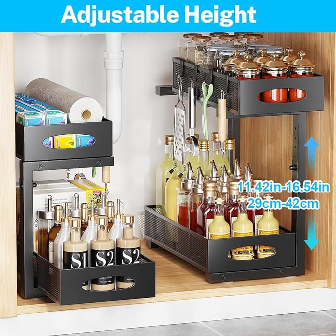 Under Sink Organizer, 2-Tier Pull Out Cabinet Organizer with Adjustable Height, Use in Kitchen Bathroom Cabinet and Countertop Storage, Black, 2-Pack