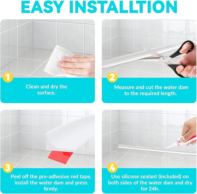 Shower Threshold Water Dam Barrier 98", Silicone Sealant Included, Collapsible Self-Adhesive Water Blocker, Shower Door Water Stopper for Floor Bathroom Kitchen Bathtub Sink