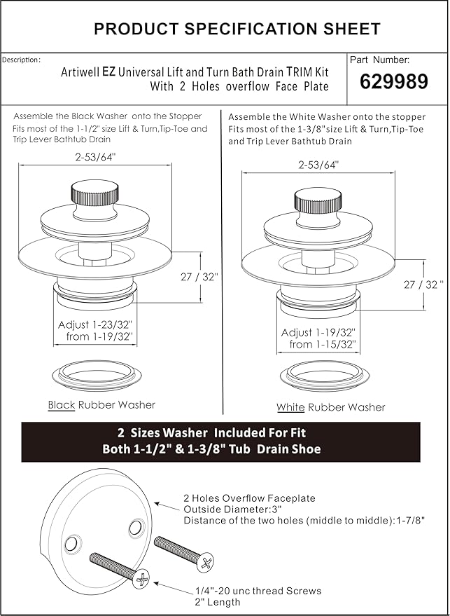 Artiwell Bath Tub Drain Trim Set Conversion Kit Assembly, with Easy Installation Lift and Turn Twist Bathdrain Stopper and Two Holes Tub Drain Overflow Faceplate, Fit Most Bath Drains, Brushed Gold