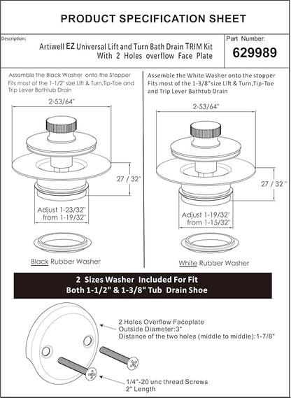 Artiwell Bath Tub Drain Trim Set Conversion Kit Assembly, with Easy Installation Lift and Turn Twist Bathdrain Stopper and Two Holes Tub Drain Overflow Faceplate, Fit Most Bath Drains, Brushed Gold