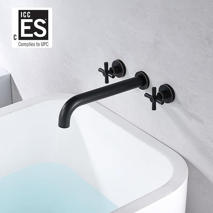SUMERAIN Wall Mount Tub Filler Oil Rubbed Bronze High Flow Bathtub Faucet Long Spout with Rough in Valve, Two Cross Handles