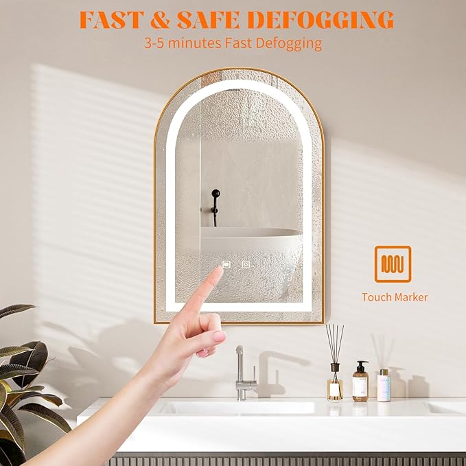 LED Bathroom Mirrors with Lights,24"x36"Black Arched Mirror for Bathroom,Fogless,3 Colors Dimmable,Anti-Fog,Wall Mounted Lighted Vanity Mirror,Gold