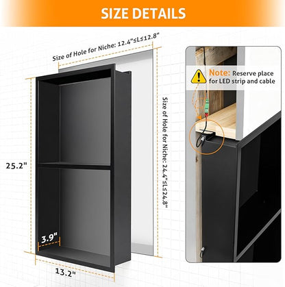 WICHEMI Stainless Steel Shower Niche 12" X 24", No Tile Needed Wall Niche with LED Light, Recessed Shower Shelf for Bathroom Storage Over Mount Installation, Matte Black