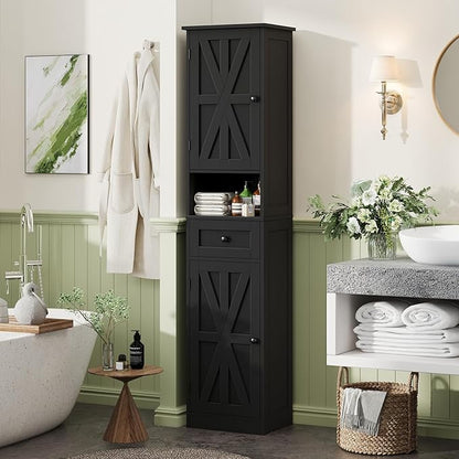 67" H Tall Bathroom Cabinet, Narrow Storage Cabinet with 2 Barn Doors and 1 Drawer, Freestanding Floor Cabinets with 5 Shelves and Open Storage Shelf for Bathroom, Living Room, Kitchen, Black