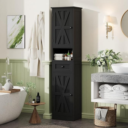 67" H Tall Bathroom Cabinet, Narrow Storage Cabinet with 2 Barn Doors and 1 Drawer, Freestanding Floor Cabinets with 5 Shelves and Open Storage Shelf for Bathroom, Living Room, Kitchen, Black