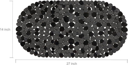 WELTRXE Pebbles Bath Mat for Tub Black Non-Slip Bathtub Mat with Suction Cups, Drain Holes for Bathroom Showers, Tub, Machine Washable, BPA, Latex Free Oval Shower Mats Bath Tub mat, 27 x 14 Inch