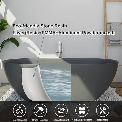 GIVINGTREE 65'' Freestanding Solid Surface Resin Stone Bathtub, Contemporary Design Stand Alone Tub with Pop-up Drain and Overflow, cUPC Certified, Matte Grey(Oval)