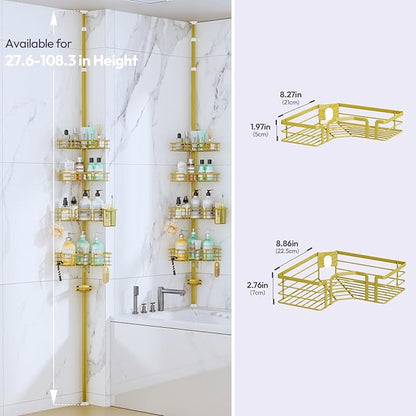 SWTYMIKI Shower Caddy Tension Pole - 4-Tier Corner Shower Organizer Tension Rod with Soap Holder, Toothbrush Holder & 4 Hooks, Adjustable Stainless Steel Bathroom Organizer 27.6 to 108.3 inch, Gold